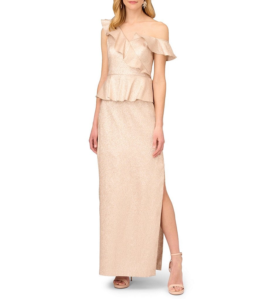 Aidan Mattox Metallic Asymmetrical Neckline Peplum Gown Dillard s