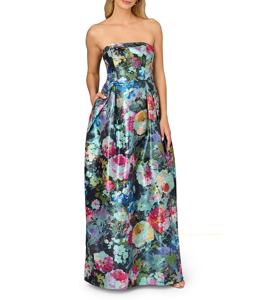 Aidan Mattox Metallic Floral Jacquard Structured Strapless Ball Gown 