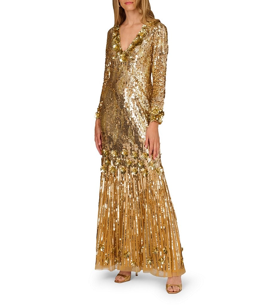 Aidan Mattox Sequin V Neck Long Sleeve Gown | Dillard's