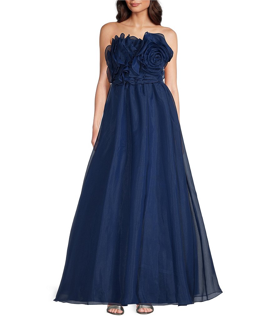 Aidan Mattox Strapless Organza Strapless Rosette Ruffle Ball Gown