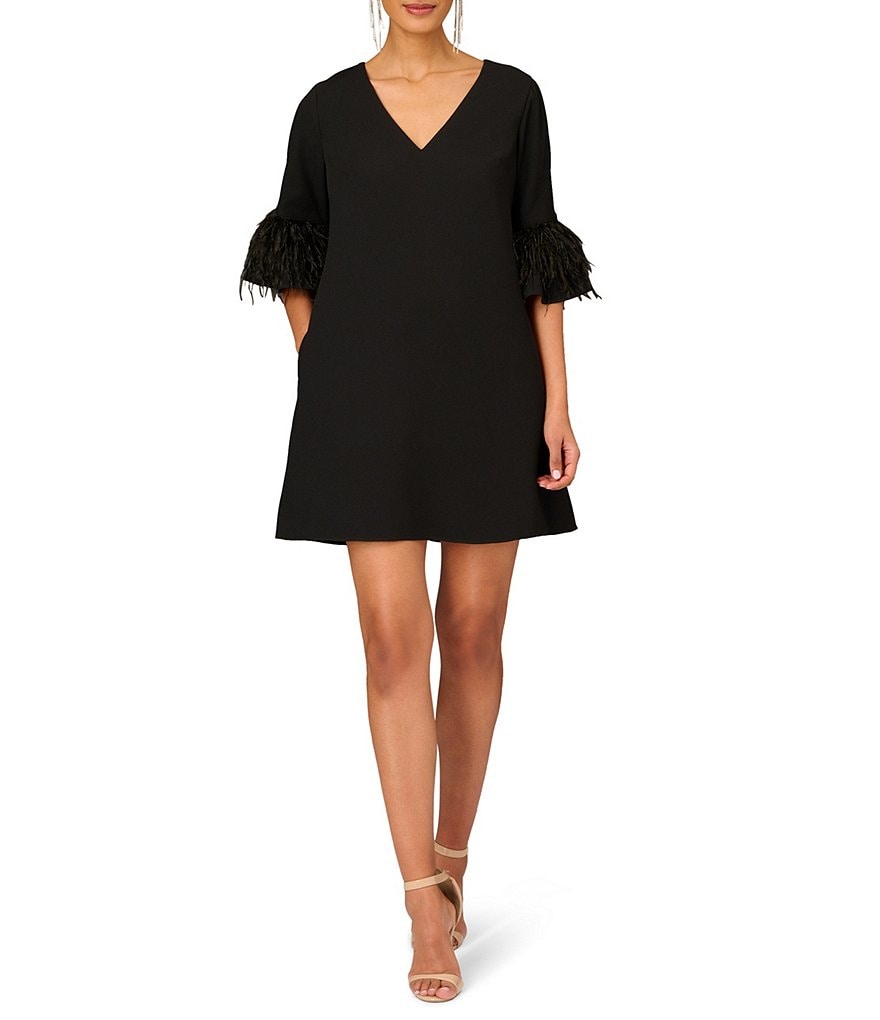 Aidan Mattox V-Neck 3/4 Sleeve Feather Trim Trapeze Dress | Dillard's