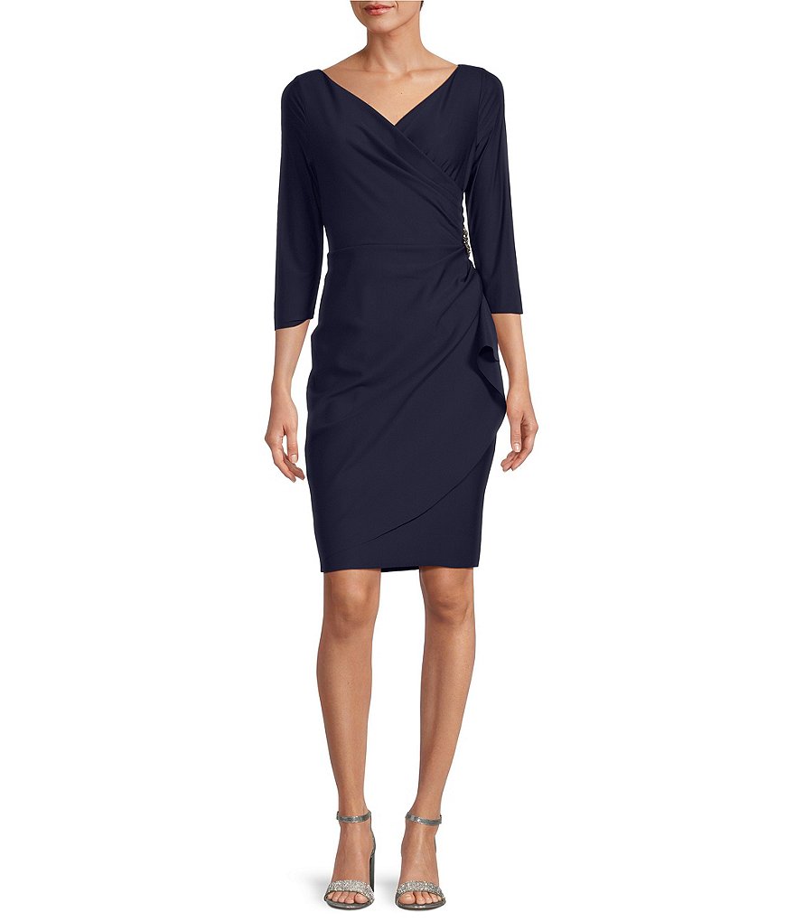 Alex Evenings Surplice V-Neck 3/4 Sleeve Ruffle Beaded Hip Detail Scuba  Compression Sheath Dress