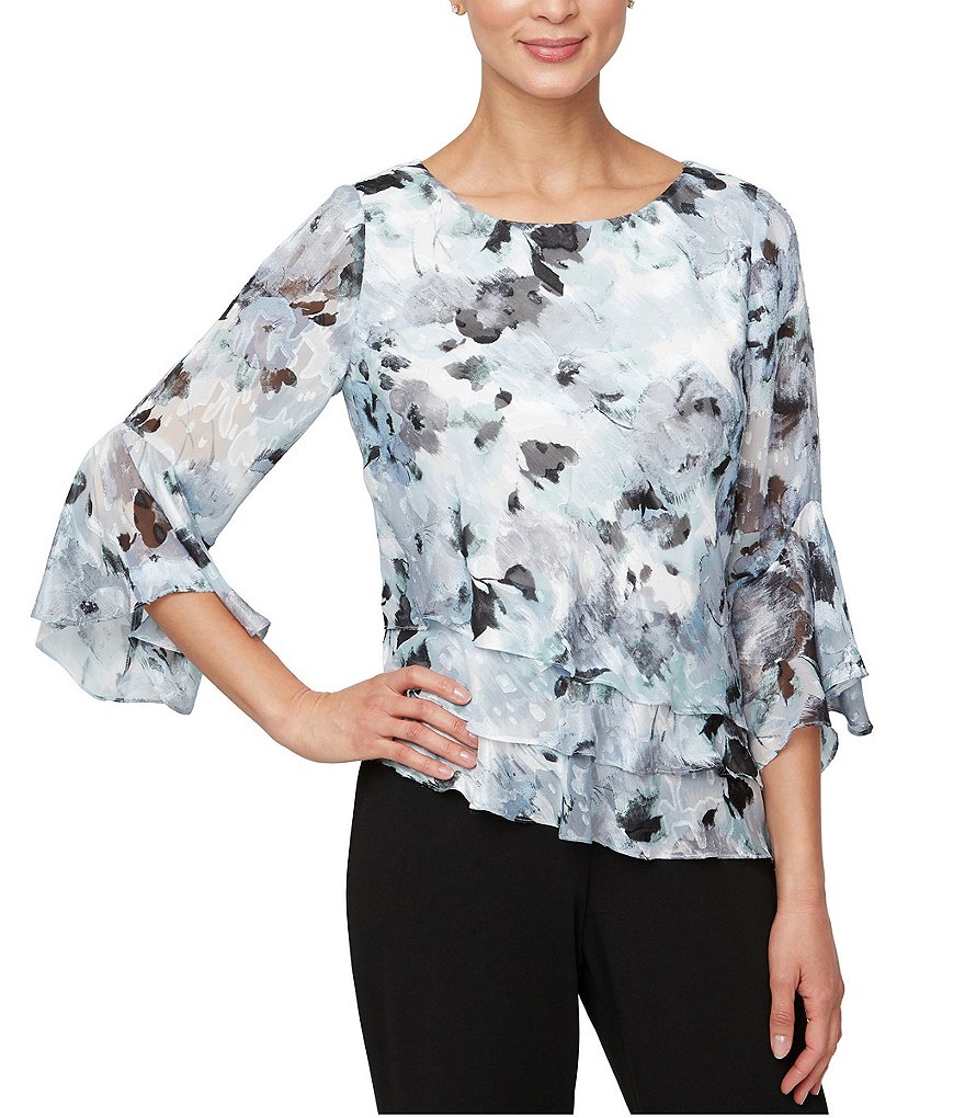 Alex Evenings 3/4 Sleeve Scoop Neck Asymmetrical Hem Floral Printed ...