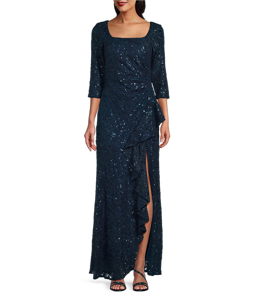 Alex Evenings 3/4 Sleeve Square Neck Font Cascade Ruffle Slit Lace ...