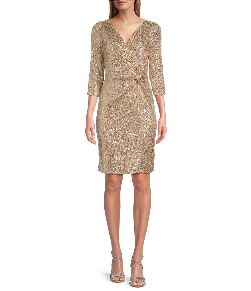 Alex Evenings 3/4 Sleeve Surplice V-Neck Sequin Short Sheath Dress