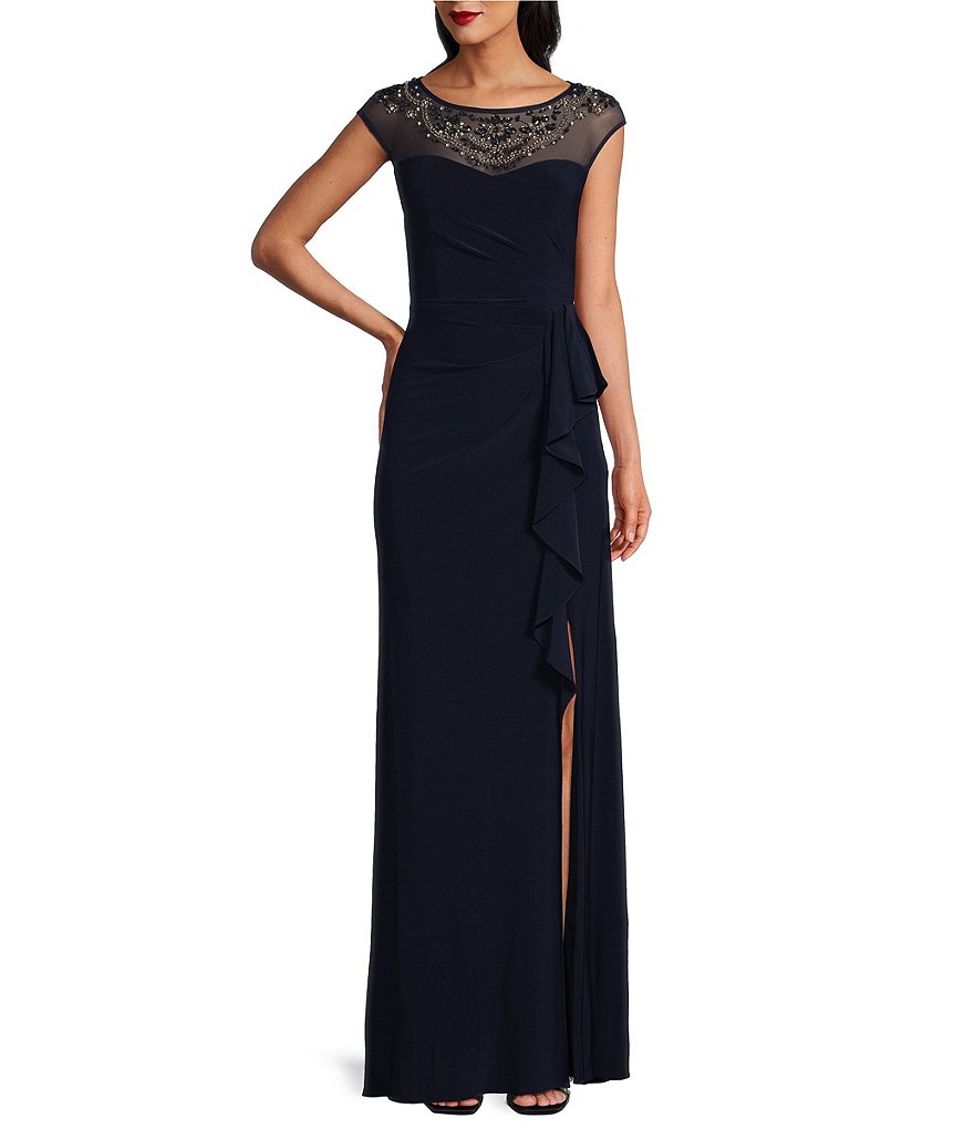 Alex Evenings Cap Sleeve Beaded Round Illusion Sweetheart Neckline ...