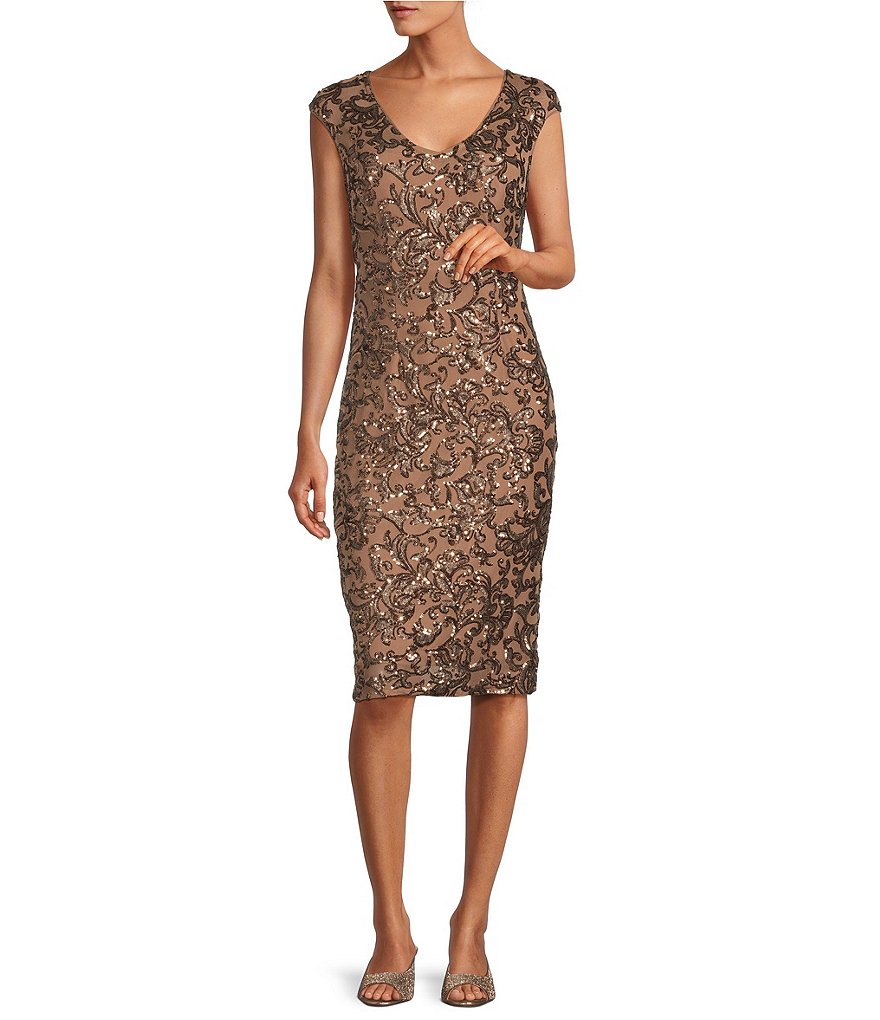 Alex Evenings Cap Sleeve V-Neck Sequin Lace Sheath Dress