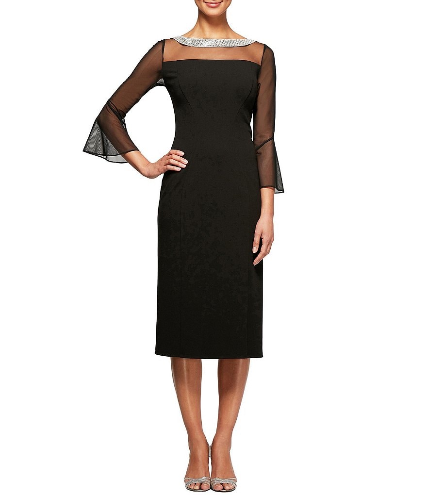 Alex Evenings Illusion 3/4 Mesh Bell Sleeve Boat Neck Crepe Sheath Dress |  Dillard's