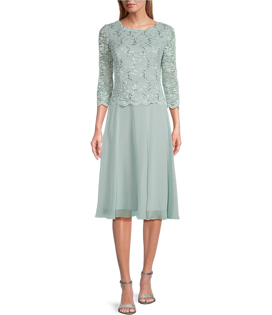 Alex Evenings Petite Size Scalloped Round Neck Sequin Lace