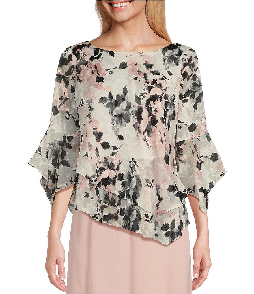 Alex Evenings Petite Size Floral Chiffon 3/4 Sleeve Boat Neck ...