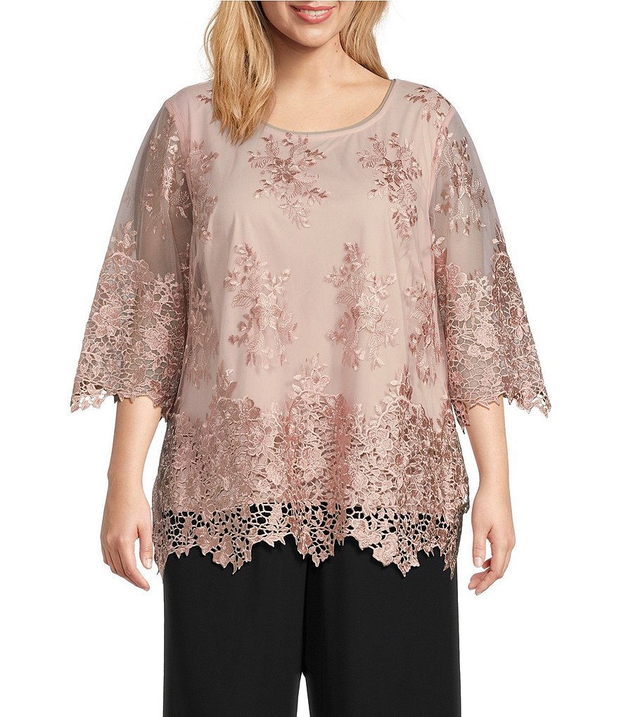 Alex Evenings Plus Size 3/4 Sleeve Crew Neck Embroidered Alex Evenings Plus Size 3/4 Sleeve Crew Neck Embroidered