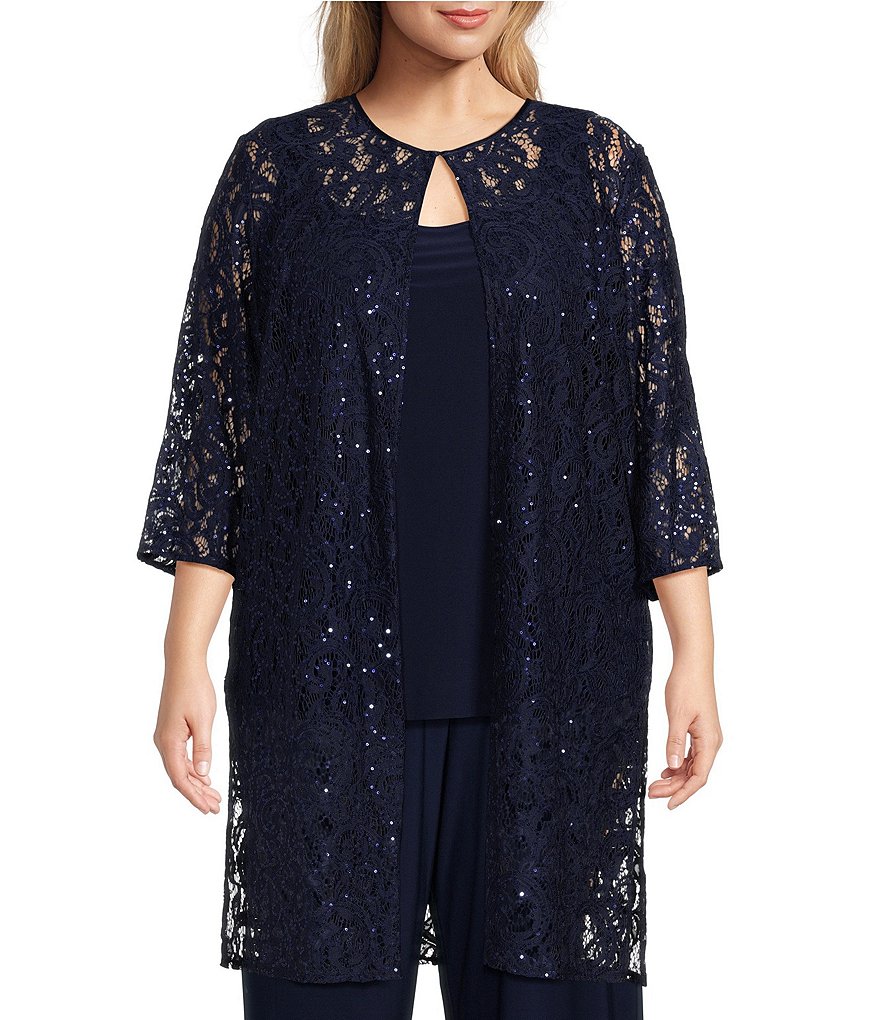 Alex Evenings Plus Size 3/4 Sleeve Crew Neck Lace Two Piece Twinset