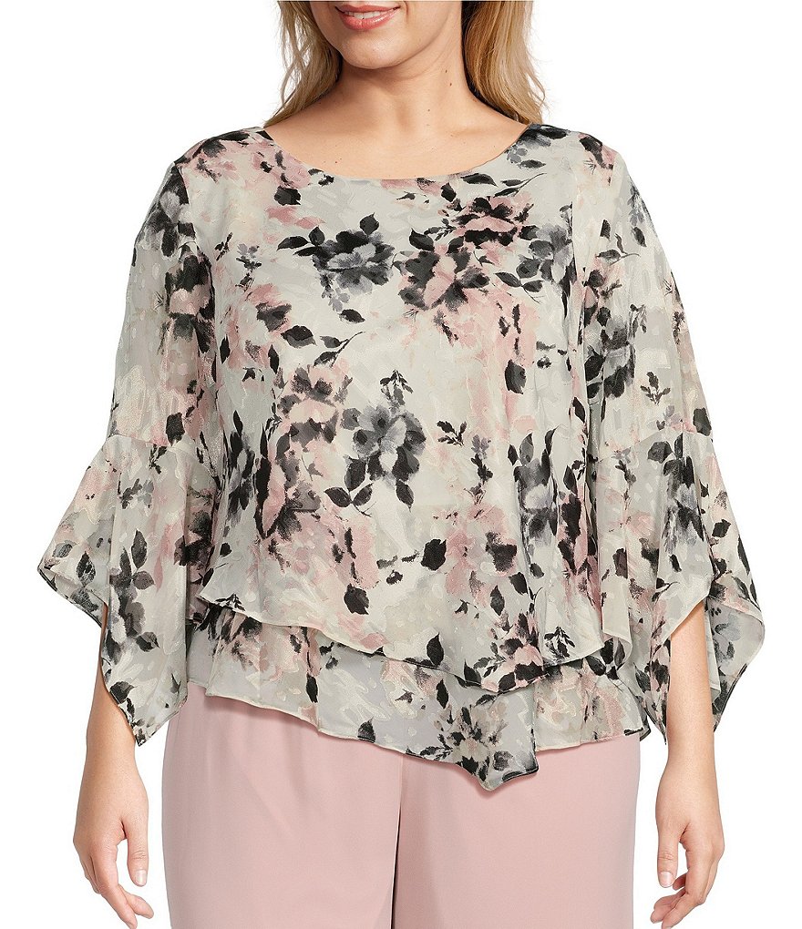 Alex Evenings Plus Size 3/4 Sleeve Scoop Neck Asymmetrical Hem Floral ...