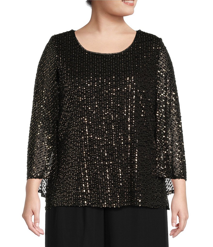 Alex Evenings Plus Size Cape Sleeve Scoop Neck Sequin Tunic Blouse ...