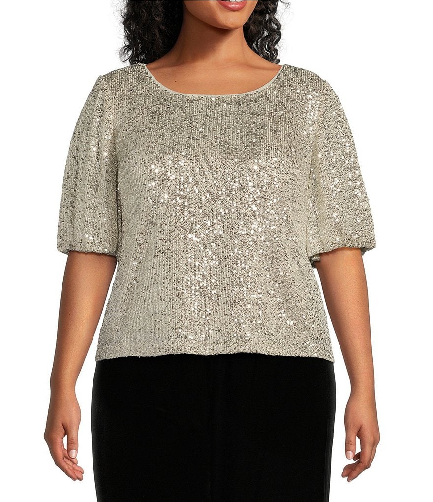 Alex Evenings Plus Size Elbow Sleeve Scoop Neck Sequin Blouse