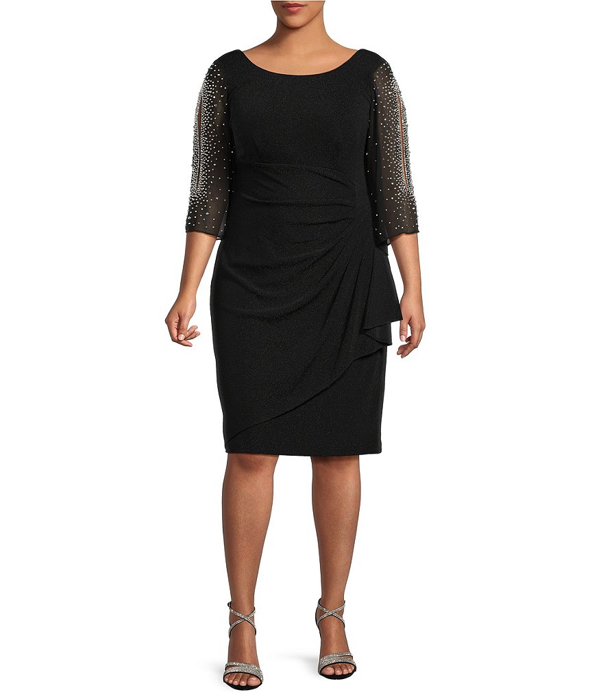 Alex Evenings Plus Size Round Neck 3/4 Sleeve Embellished Illusion ...