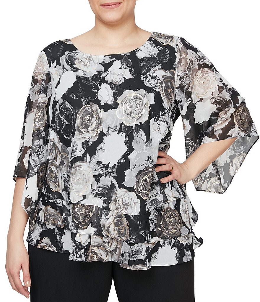 Alex Evenings Plus Size Floral Print 3/4 Sleeve Asymmetrical Triple ...