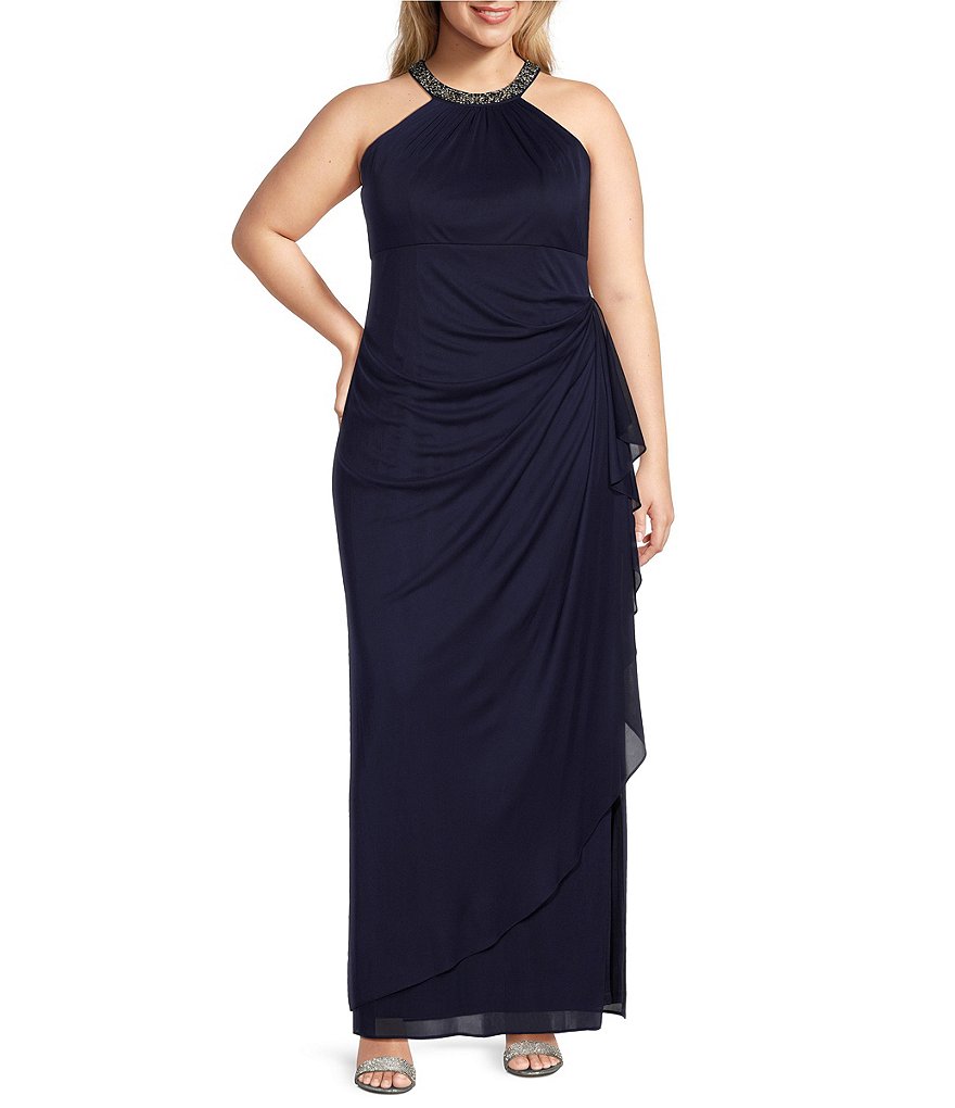 Alex Evenings Plus Size Sleeveless Beaded Halter Neck Cascade Ruffle