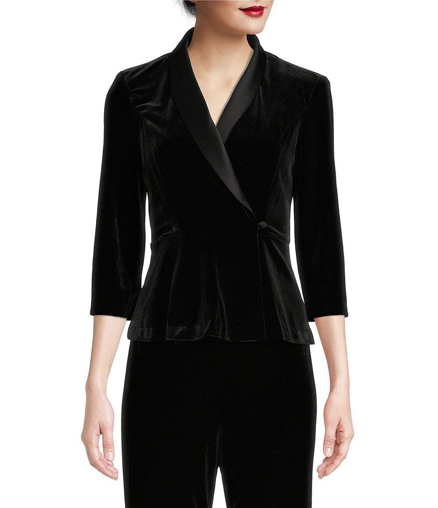 Satin Portrait Collar 3/4 Sleeve Velvet Modified Peplum Wrap Top