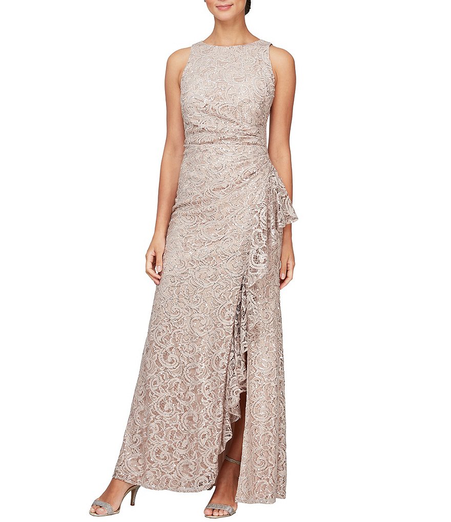 Alex Evenings Crew Neck Sleeveless Cascade Ruffle Thigh High Slit Sequin  Lace Stretch Gown