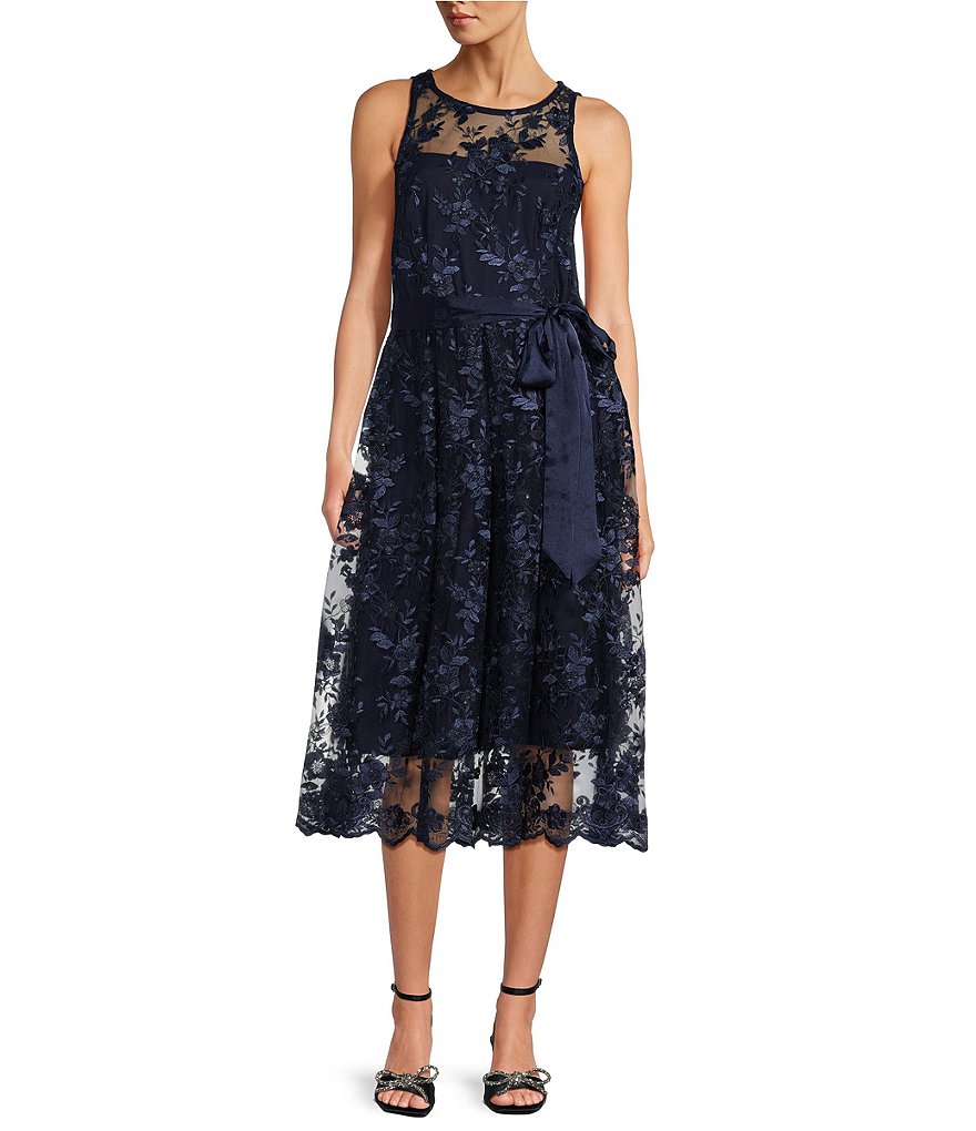 Alex Evenings Sleeveless Illusion Crew Neck Embroidered Tie Waist Midi ...