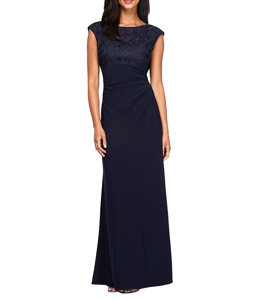 Alex Evenings Soutache Boat-Neck Cowl-Back Cap Sleeve Ruched Gown ...