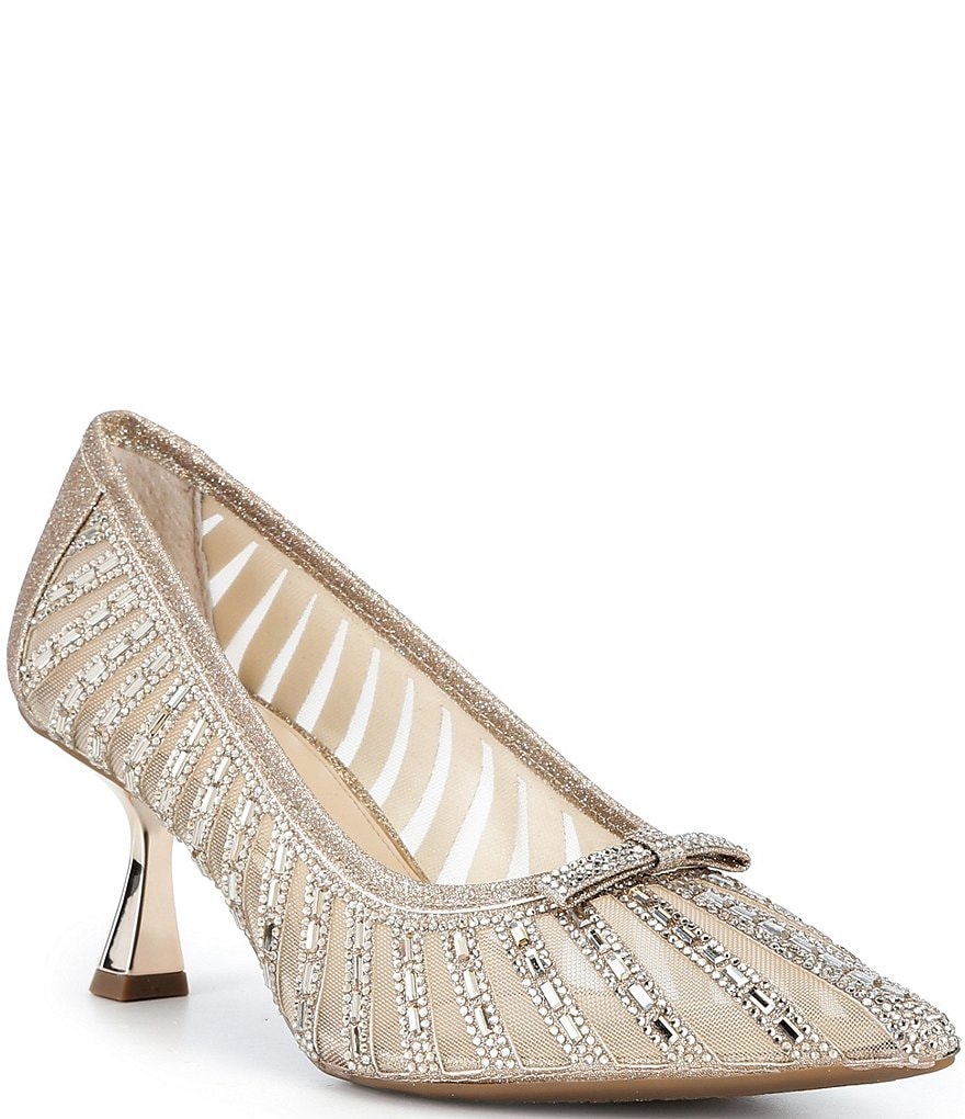 Halo Mesh Rhinestone Stripe Flared Heel Pumps