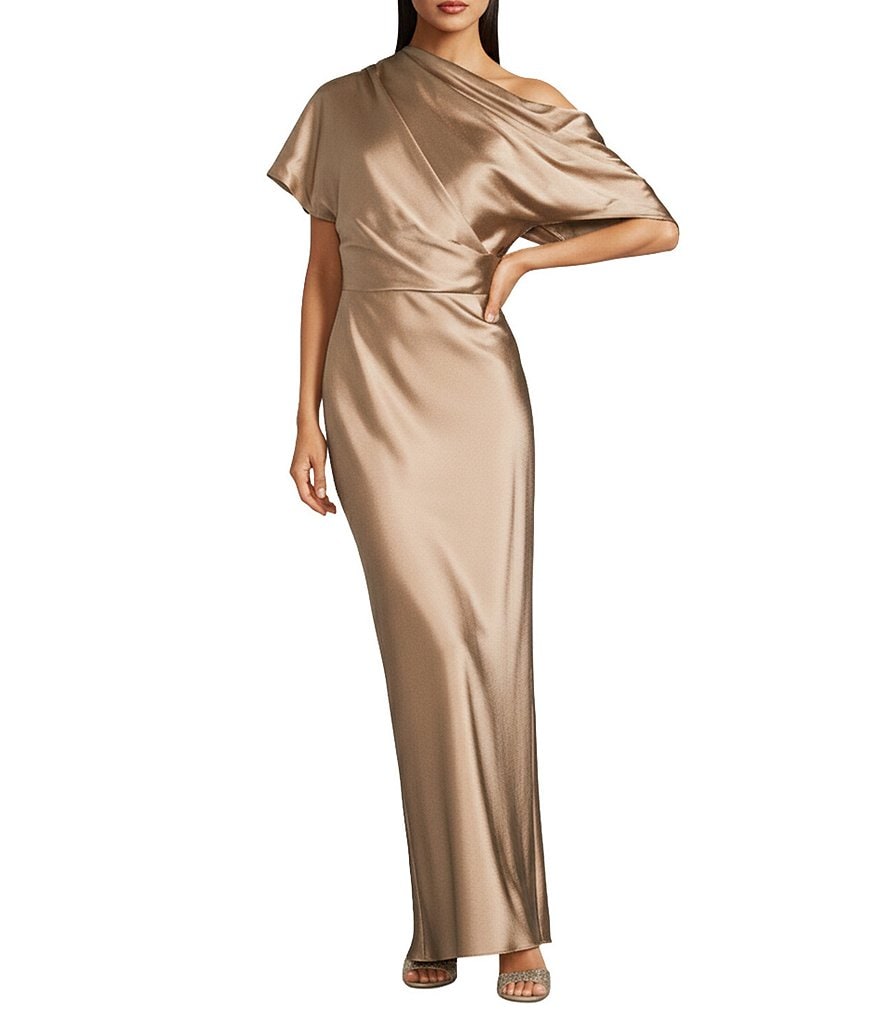 Alex Marie Nancy Stretch Satin One Shoulder Short Sleeve Gown | Dillard's