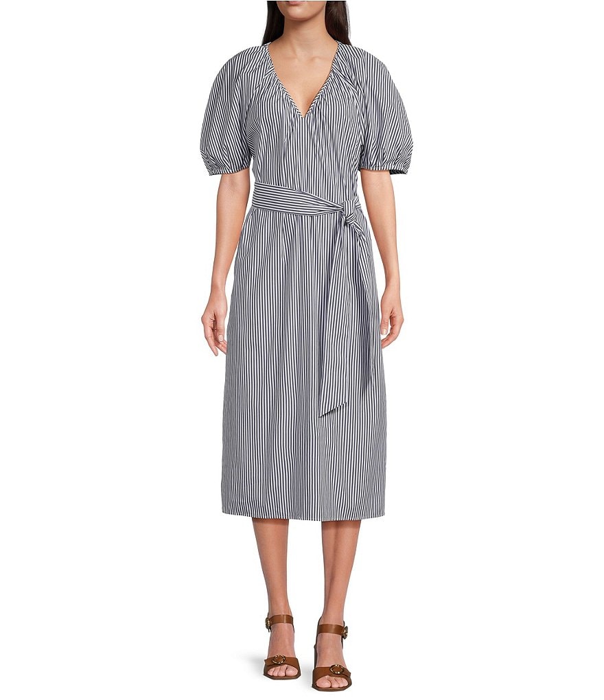 Alex Marie x Brrr° Everly Pin-Stripe V-Neck Puff Sleeve Midi Dress ...