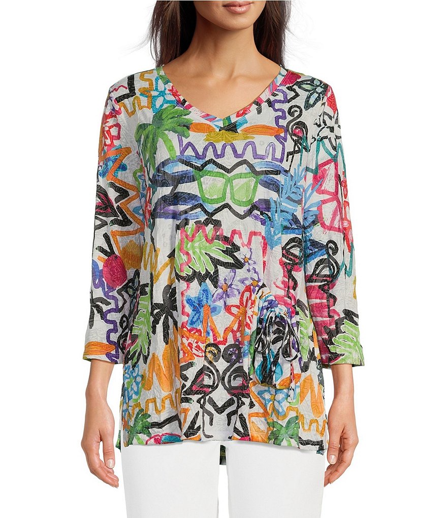 Ali Miles Abstract Doodle Art Print Crinkle Knit V-Neck 3/4 Sleeve 