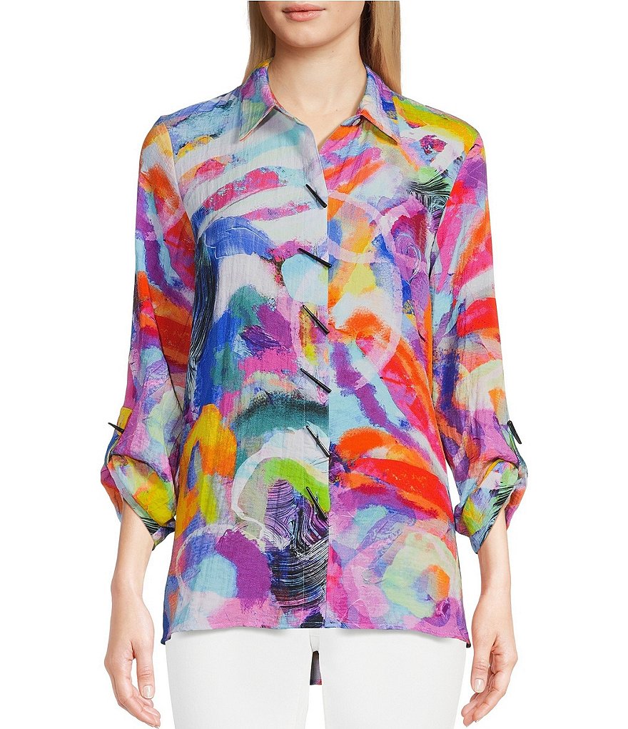 Ali Miles Abstract Multi Print Woven Wire Collar Roll-Tab Sleeve ...
