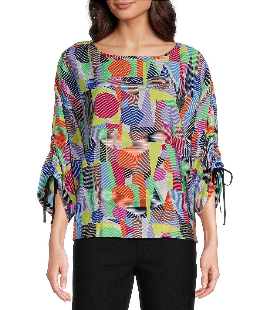 Ali Miles Abstract Print Round Neck 3/4 Dolman Cinch Tie