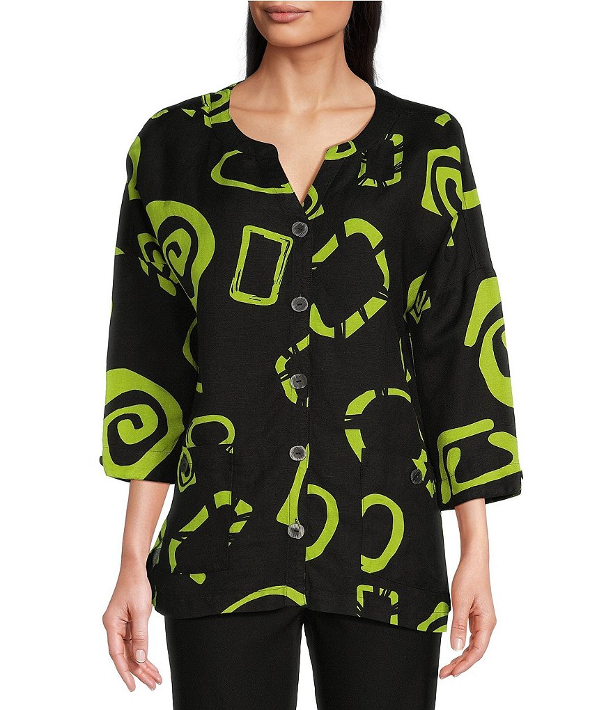 Ali Miles Abstract Print Y-Collar 3/4 Sleeve Button Front