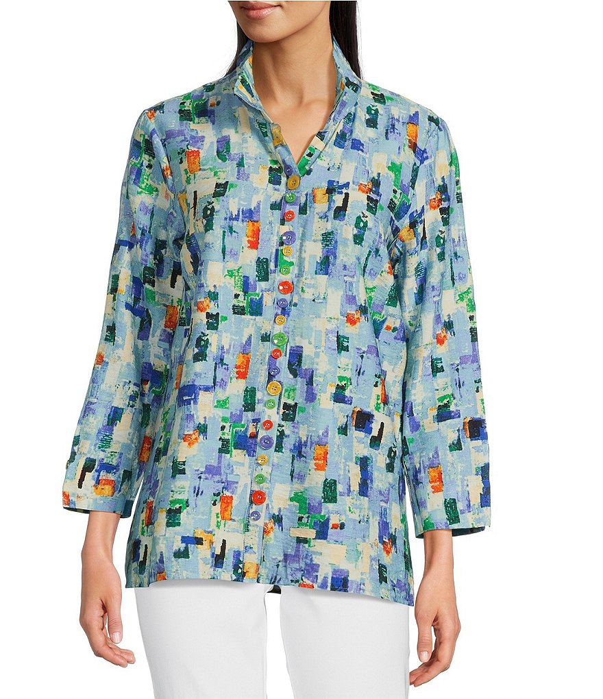 Ali Miles Abstract Tile Print Wire Collar 3/4 Sleeve Button