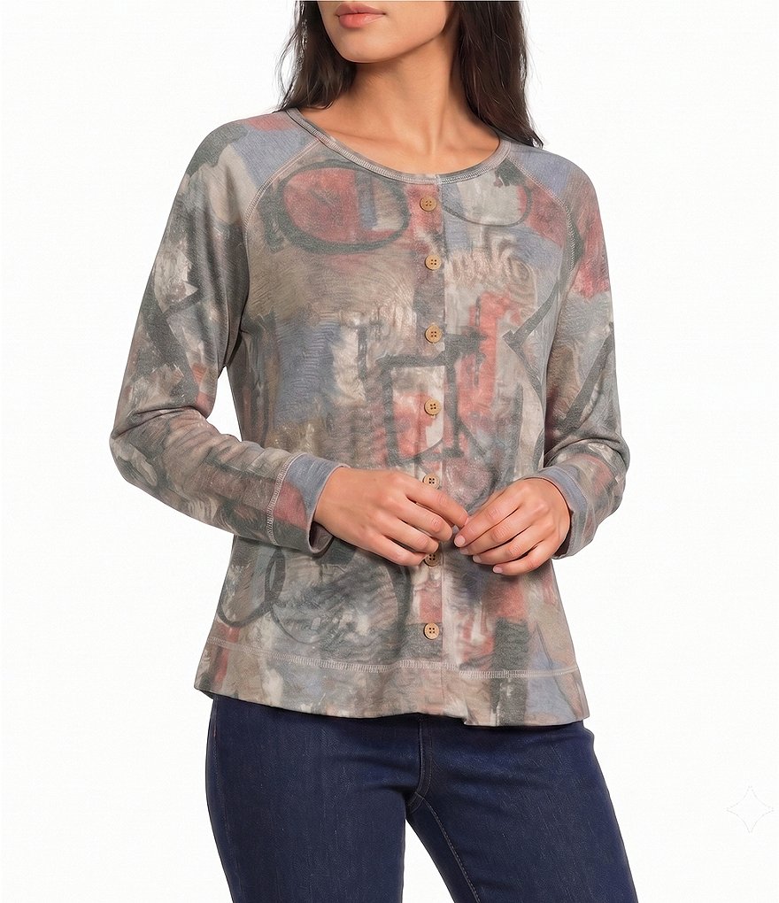 Knit Abstract Print Round Neck Long Sleeve Top