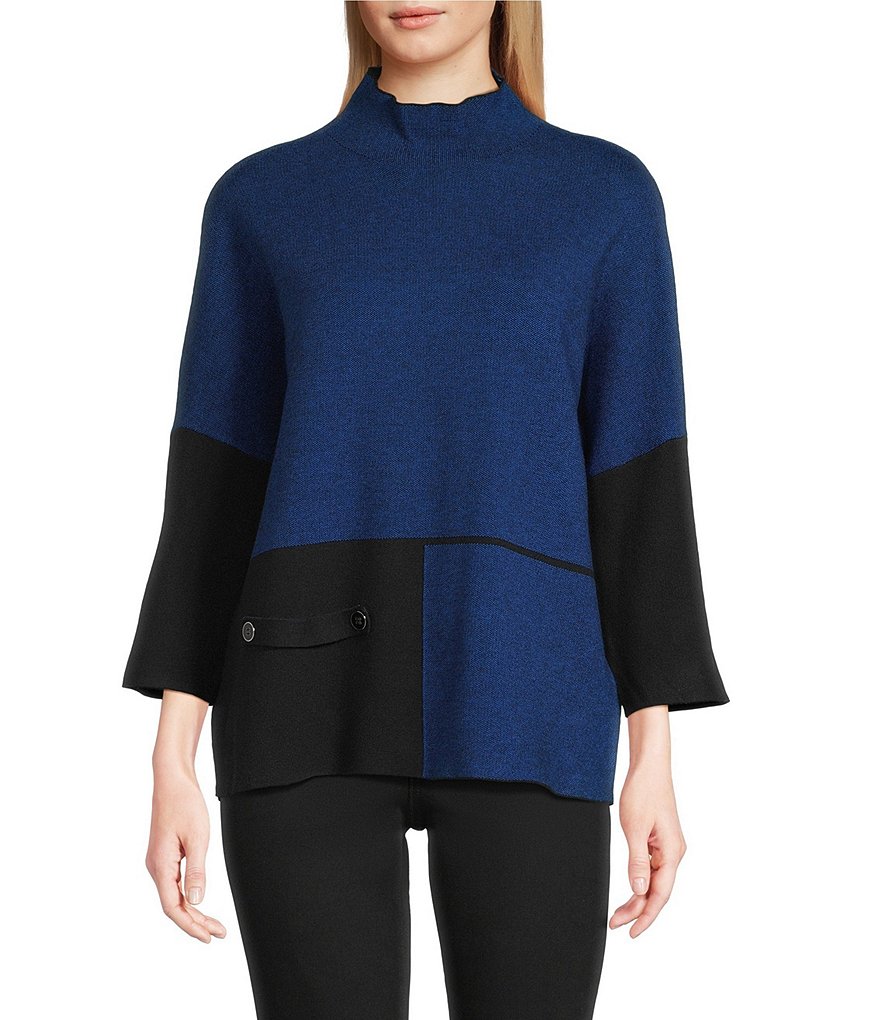 Ali Miles Knit Color Block Mock Neck 3/4 Dolman Sleeve