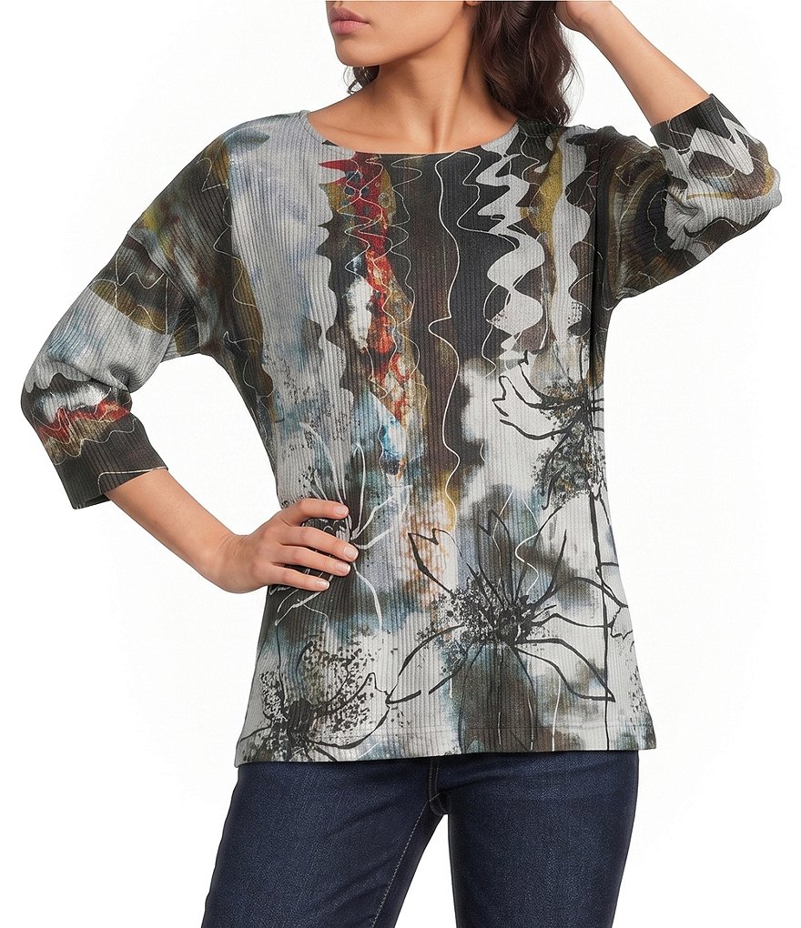 Knit Ribbed Abstract Multi Crew Neck 3/4 Sleeve Back Button Detail Top