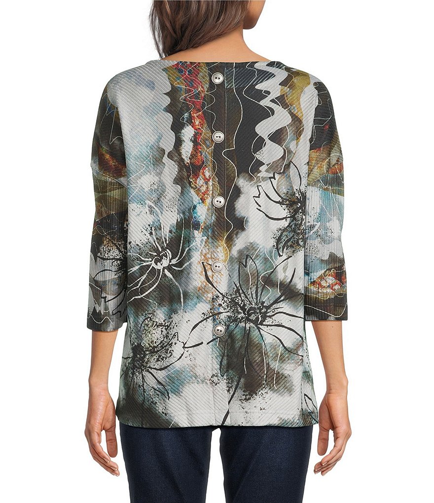 Knit Ribbed Abstract Multi Crew Neck 3/4 Sleeve Back Button Detail Top thumbnail 2