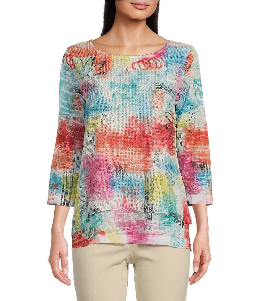 Ali Miles Petite Size Knit Abstract Print Round Neck 3/4 Sleeve Double ...