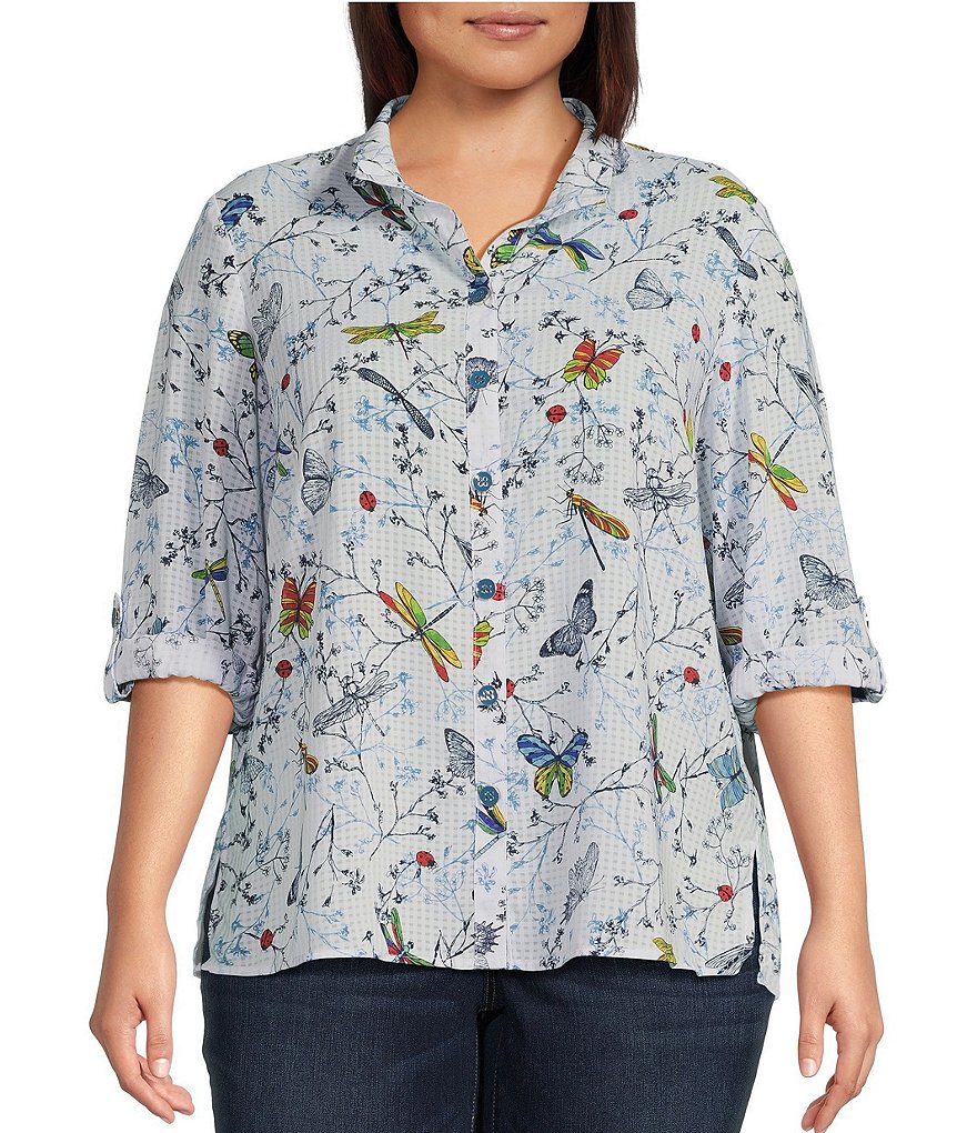 Ali Miles Plus Size Burnout Woven Printed Wire Collar 3/4