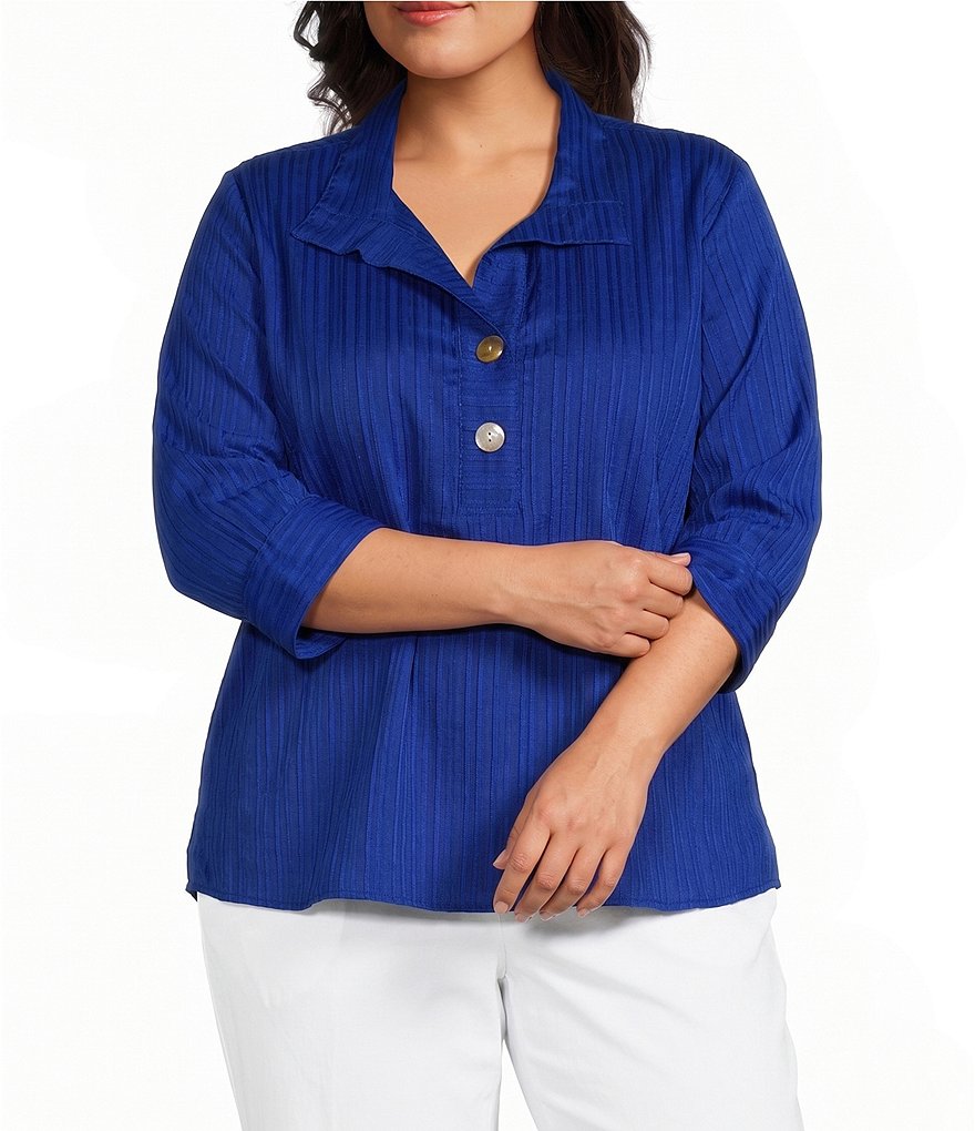 Ali Miles Plus Size Textured Stripe Woven Wire Collar 3/4 Sleeve