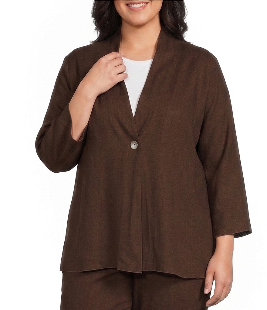 Plus Size Woven Band Collar 3/4 Sleeve Singe Button Front Jacket thumbnail 3