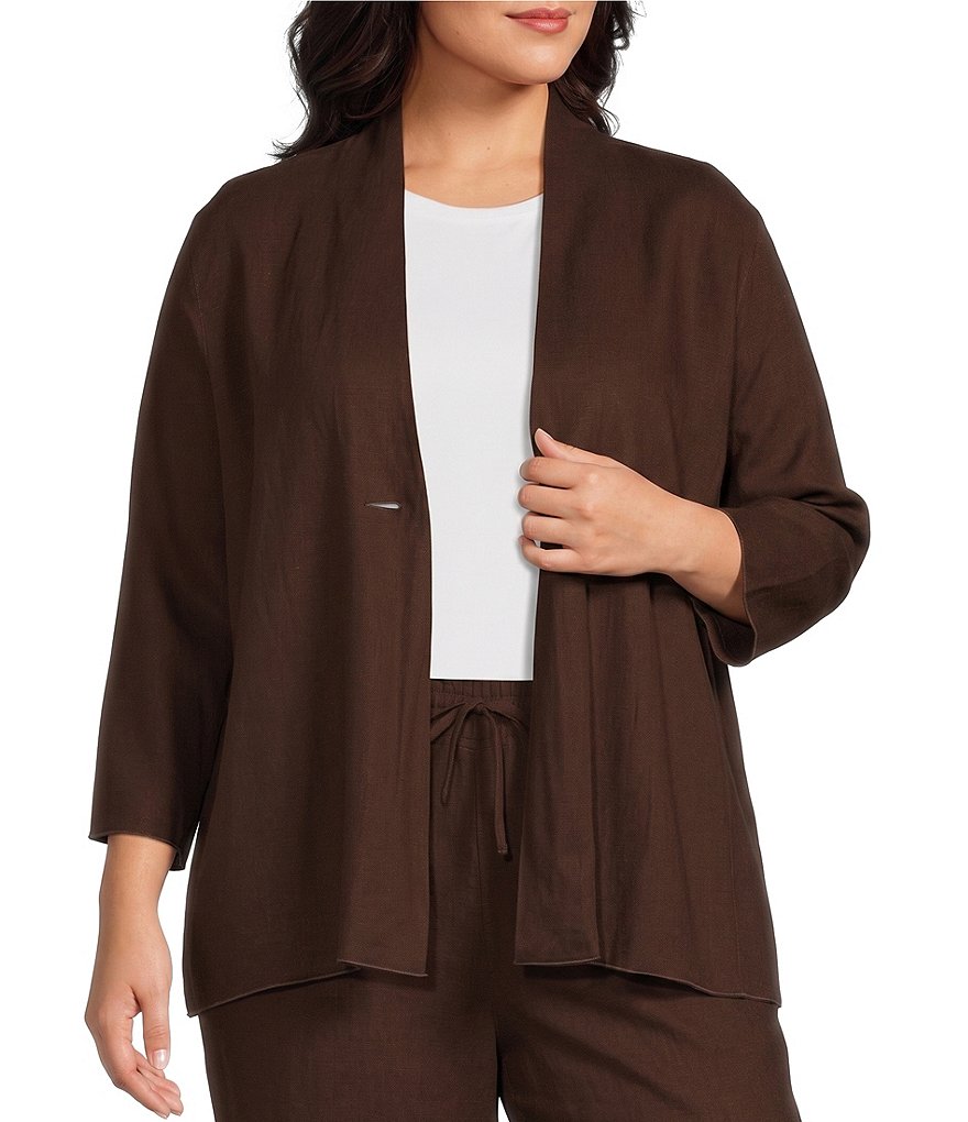Plus Size Woven Band Collar 3/4 Sleeve Singe Button Front Jacket