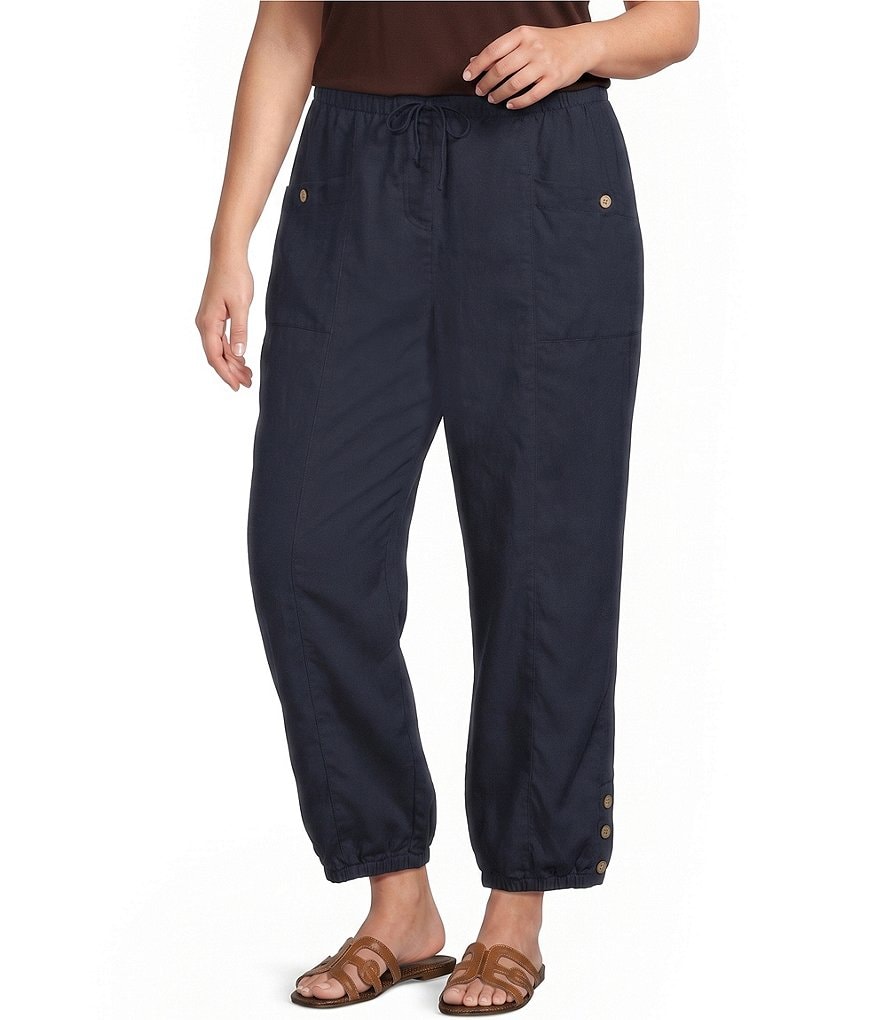 Plus Size Woven Drawstring Button Detail Hem Pants