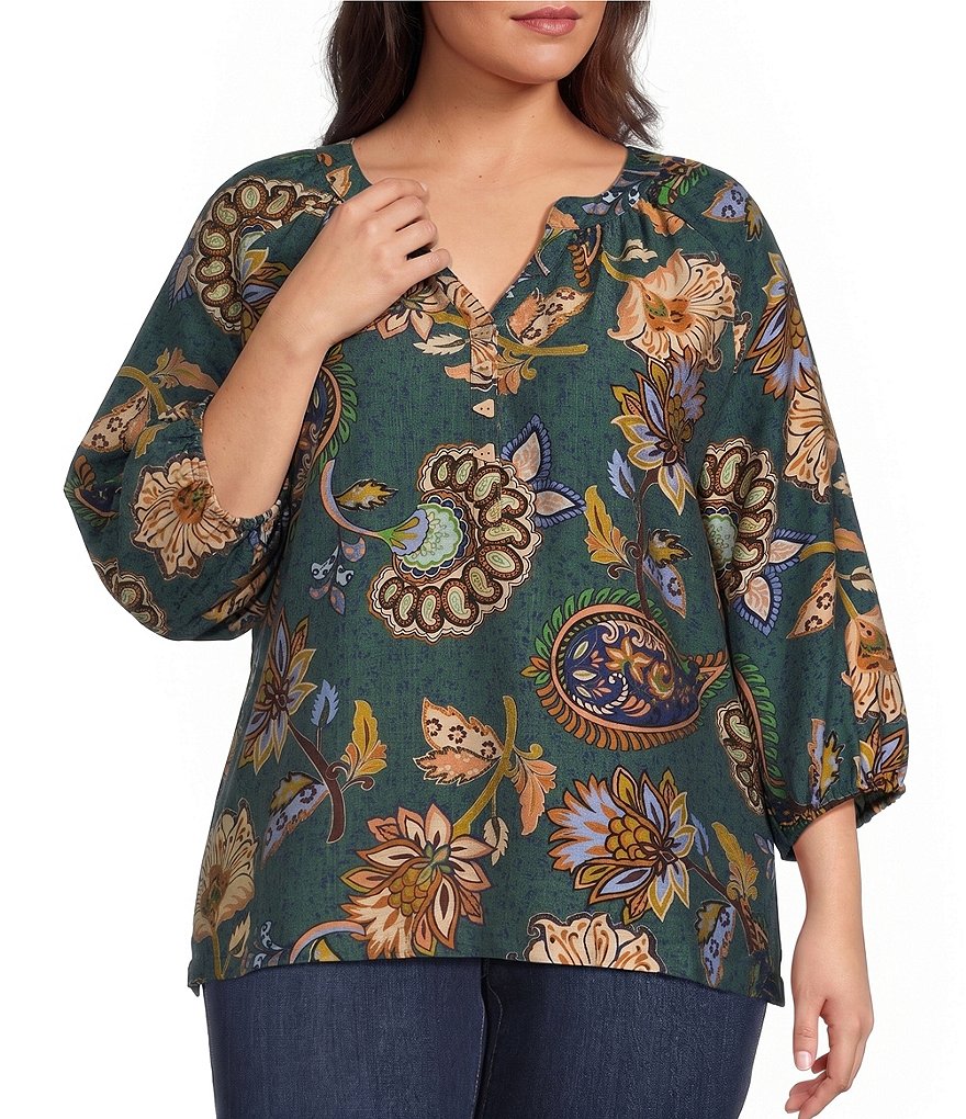 Plus Size Woven Floral Paisley Print V-Neck 3/4 Raglan Sleeve Top