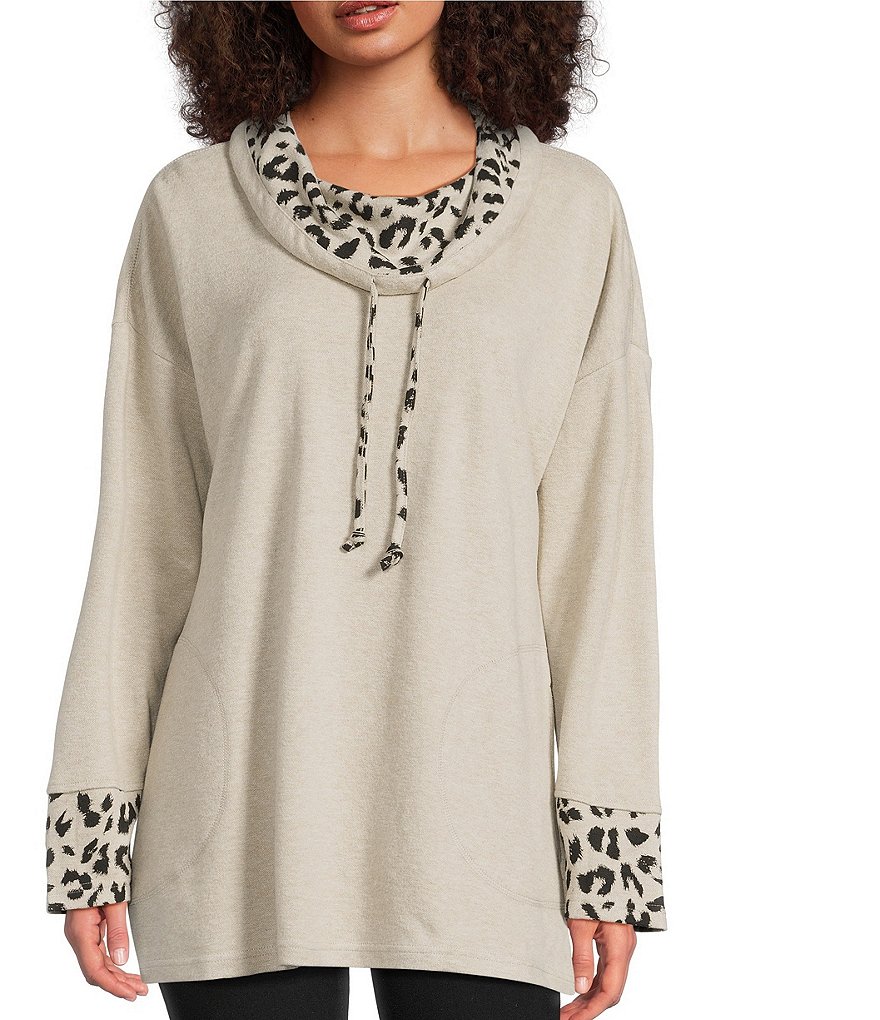 Ali Miles Solid Animal Print Cowl Neck 3/4 Sleeve Popover Tunic