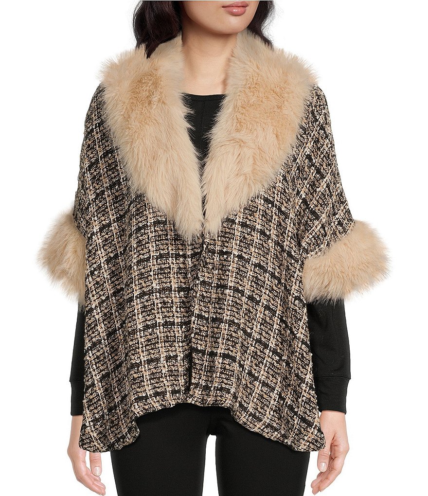 Ali Miles Texture Woven Shawl Collar 3/4 Sleeve Faux Fur Open Front ...