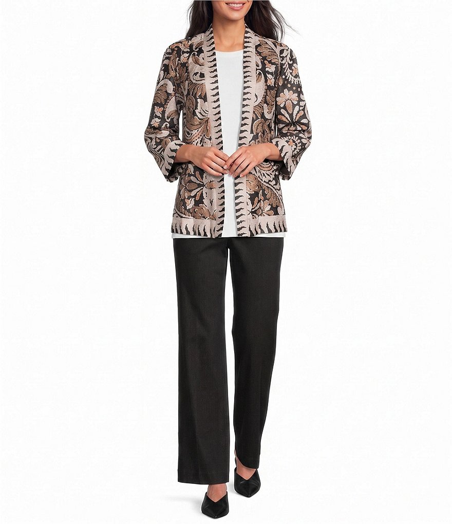 Textured Knit Abstract Floral Multi Print 3/4 Sleeve Reversible Open-Front Kimono Jacket thumbnail 3