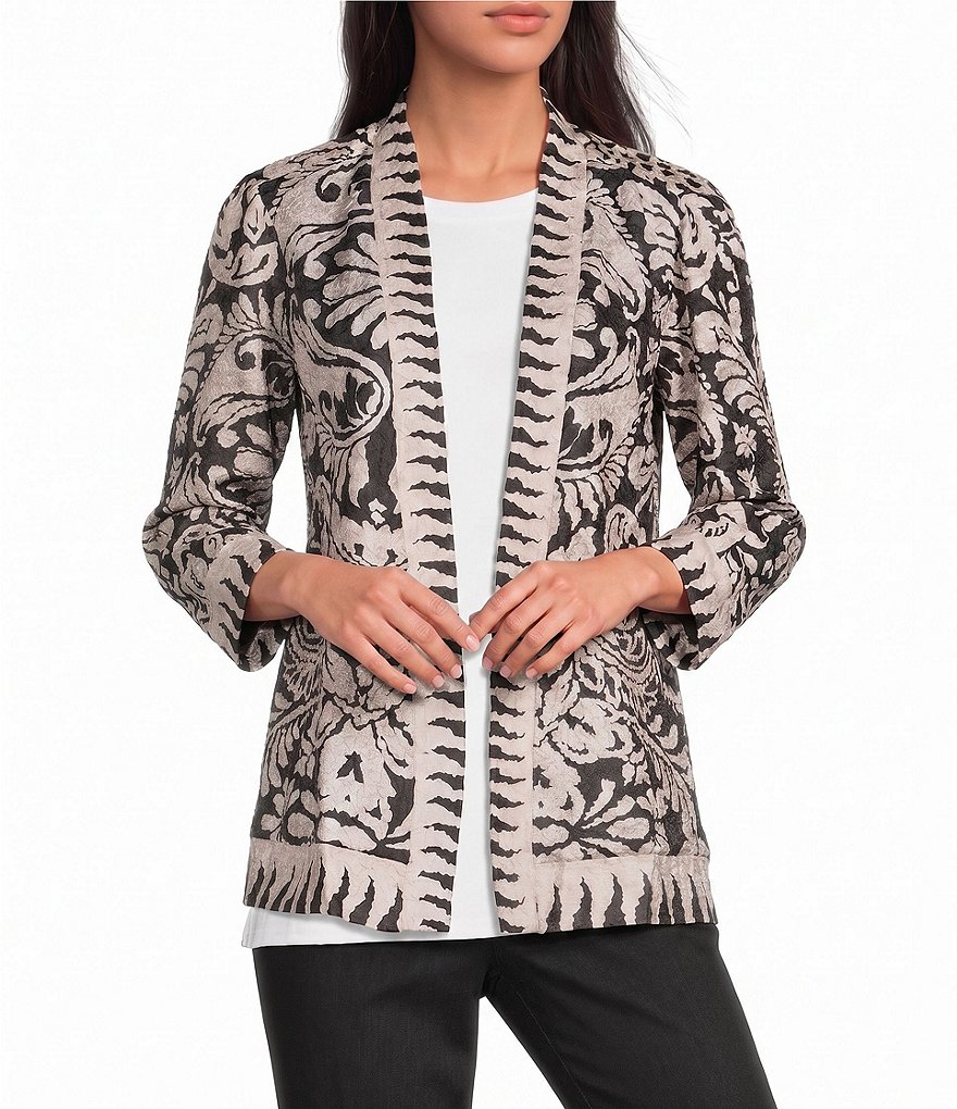 Textured Knit Abstract Floral Multi Print 3/4 Sleeve Reversible Open-Front Kimono Jacket
