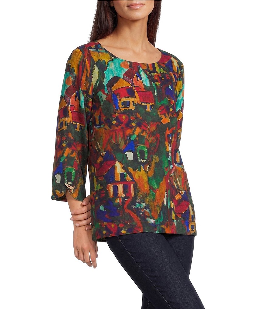 Woven Abstract Multi Print Round Neck 3/4 Sleeve Pullover Top